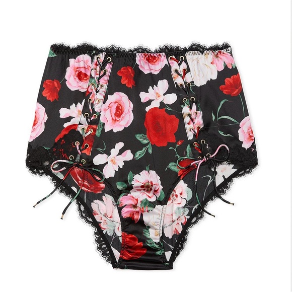 Victoria's Secret Black and Red Floral Lace-Up Panties